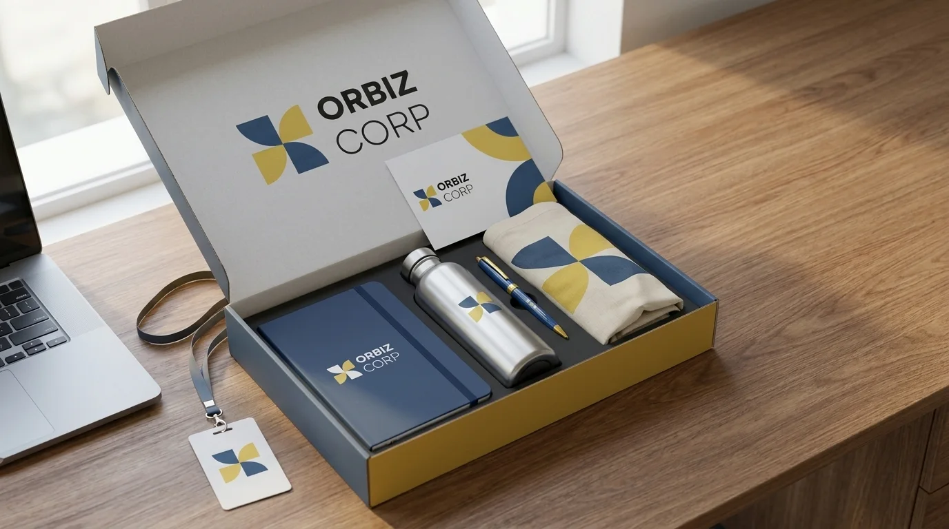 Branded onboarding box with notebook, bottle, pen, textile item and access card
